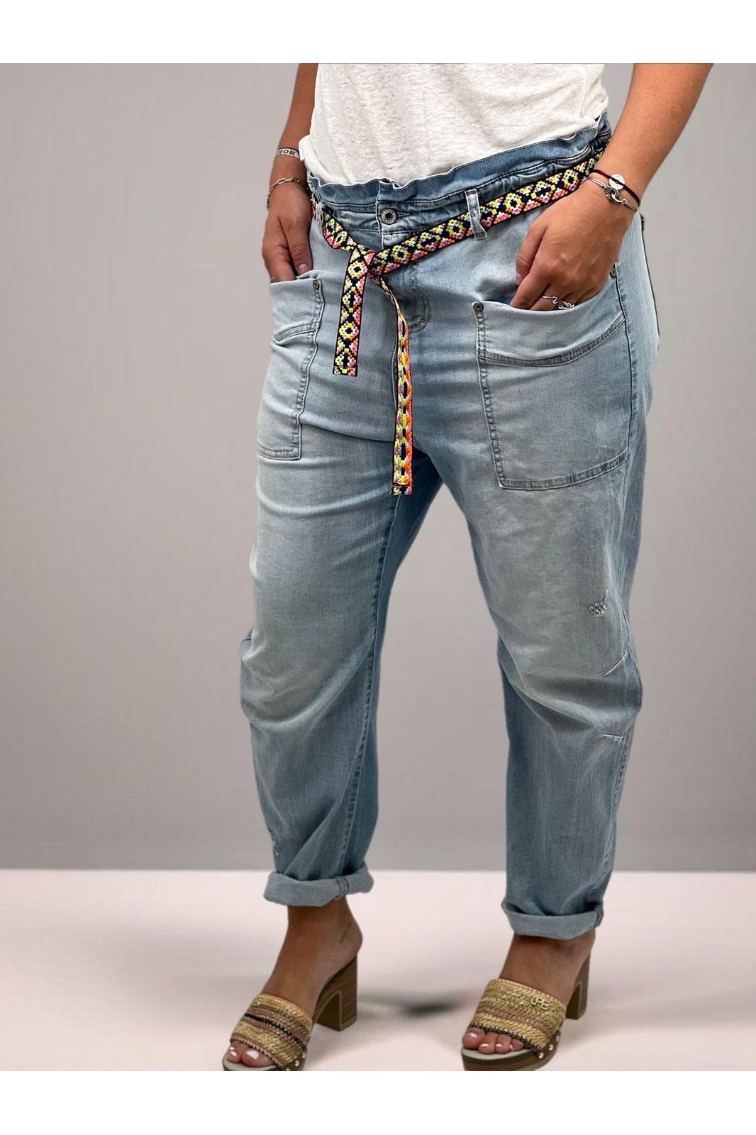 Pantalon Pantalon PLEASE Jean taille haute nouée paper-bag en denim bleu clair délavé P0K9BQ2W2R PLEASE