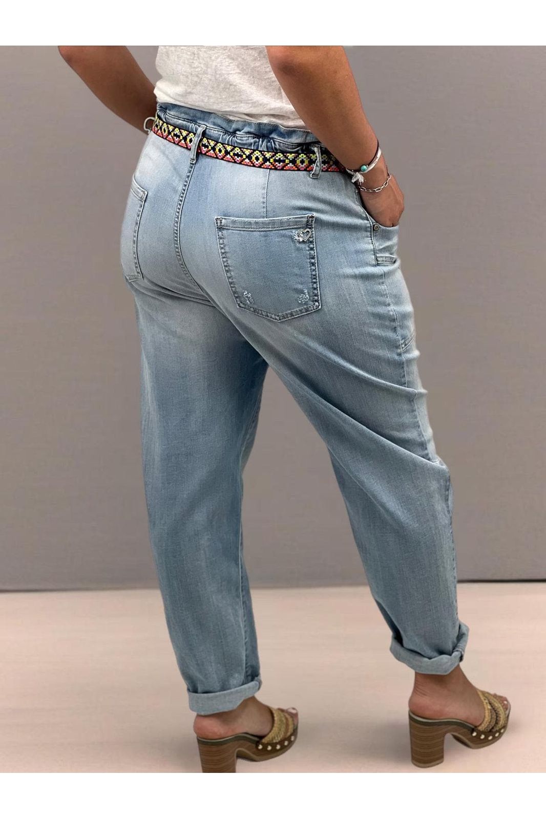 Pantalon Pantalon PLEASE Jean taille haute nouée paper-bag en denim bleu clair délavé P0K9BQ2W2R PLEASE