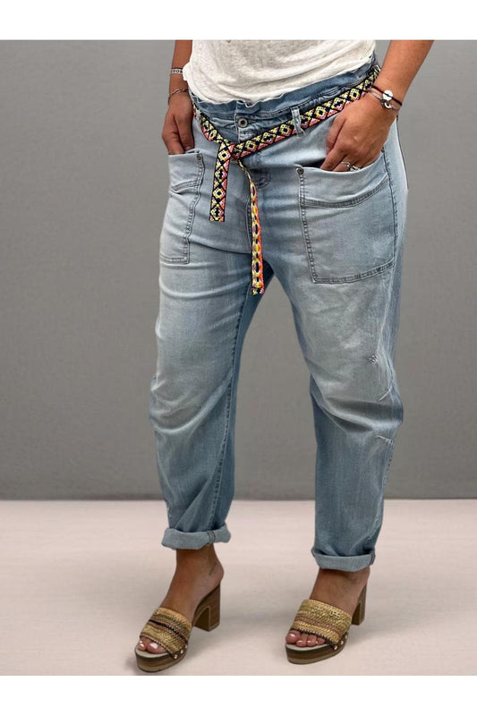 Pantalon Pantalon PLEASE Jean taille haute nouée paper-bag en denim bleu clair délavé P0K9BQ2W2R XXS / Blu Denim PLEASE