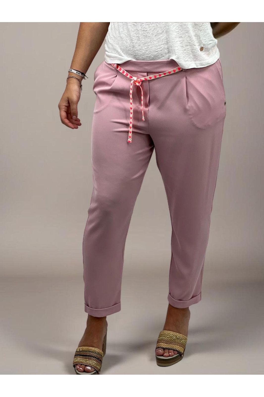 Pantalon Pantalon PLEASE forme carotte a taille élastiquée ceinturée en crêpe fluide Rose P2XXYX0000 XXS / Rose PLEASE